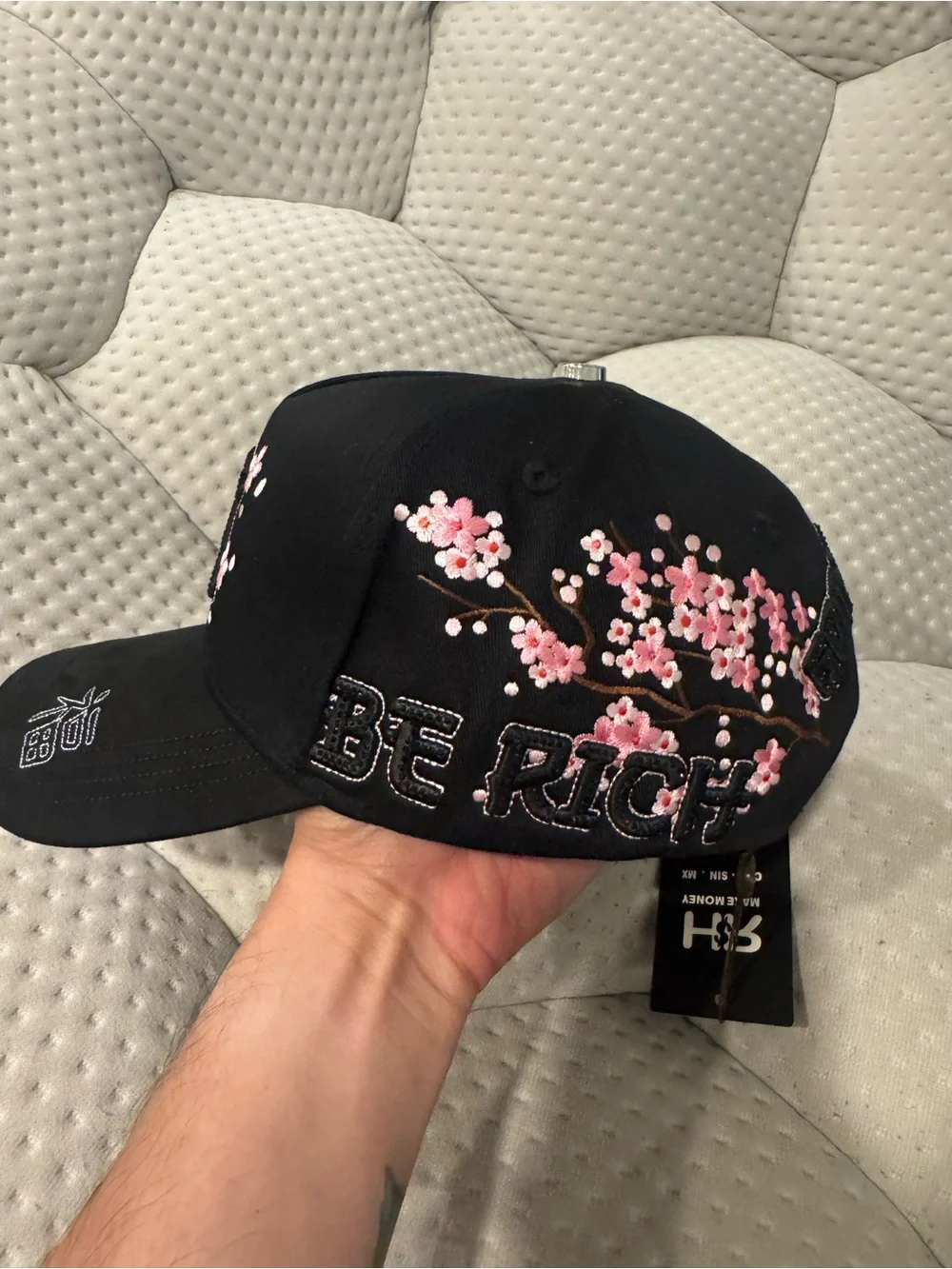 Black Baseball LA Cap with Rhinestones Pink Dragon & Embroidered Characters